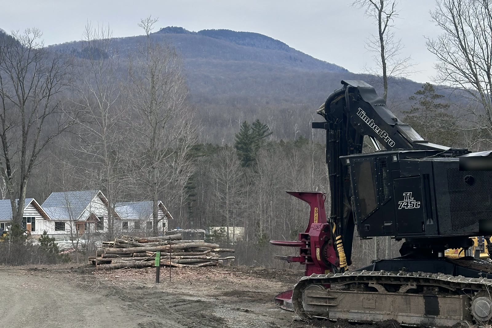 A timber harvester beside stacked logs and rutted ground at Raptor Lane, with new buildings and a wooded mountain behind.